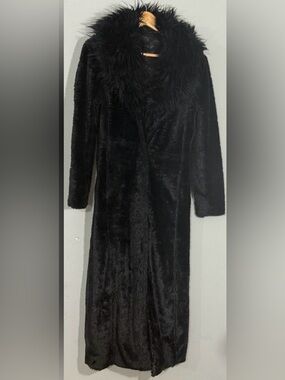 Vintage 70s Penny Lane Style Black Faux Fur Long Coat Sm/Med